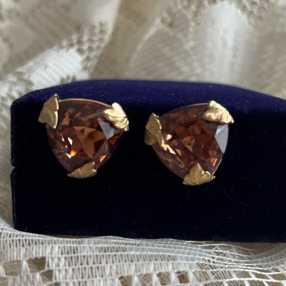 Bond Boyd Sterling Brown Topaz gold leaf screw-back earrings Vintage Canada - Picture 3 of 14